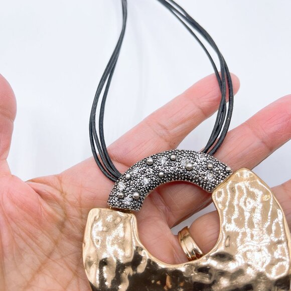 Chico's Hammered Gold Silver Tone Pendant Necklace Adjustable Black Cord - Picture 4 of 6